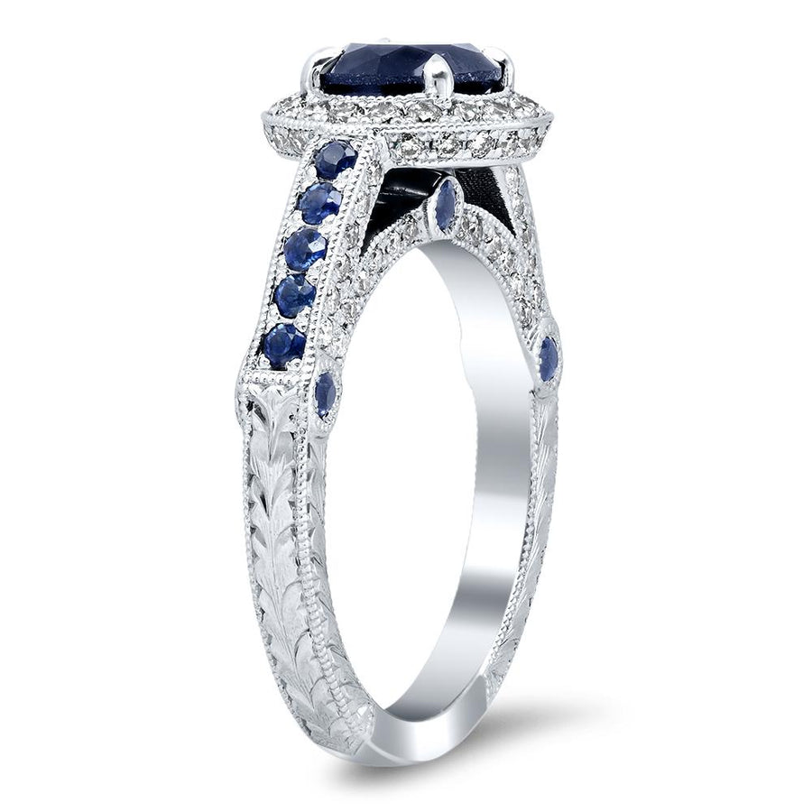 Lab Created Blue Sapphire and Diamond Ring 14kt White Gold Ready-To-Ship deBebians 