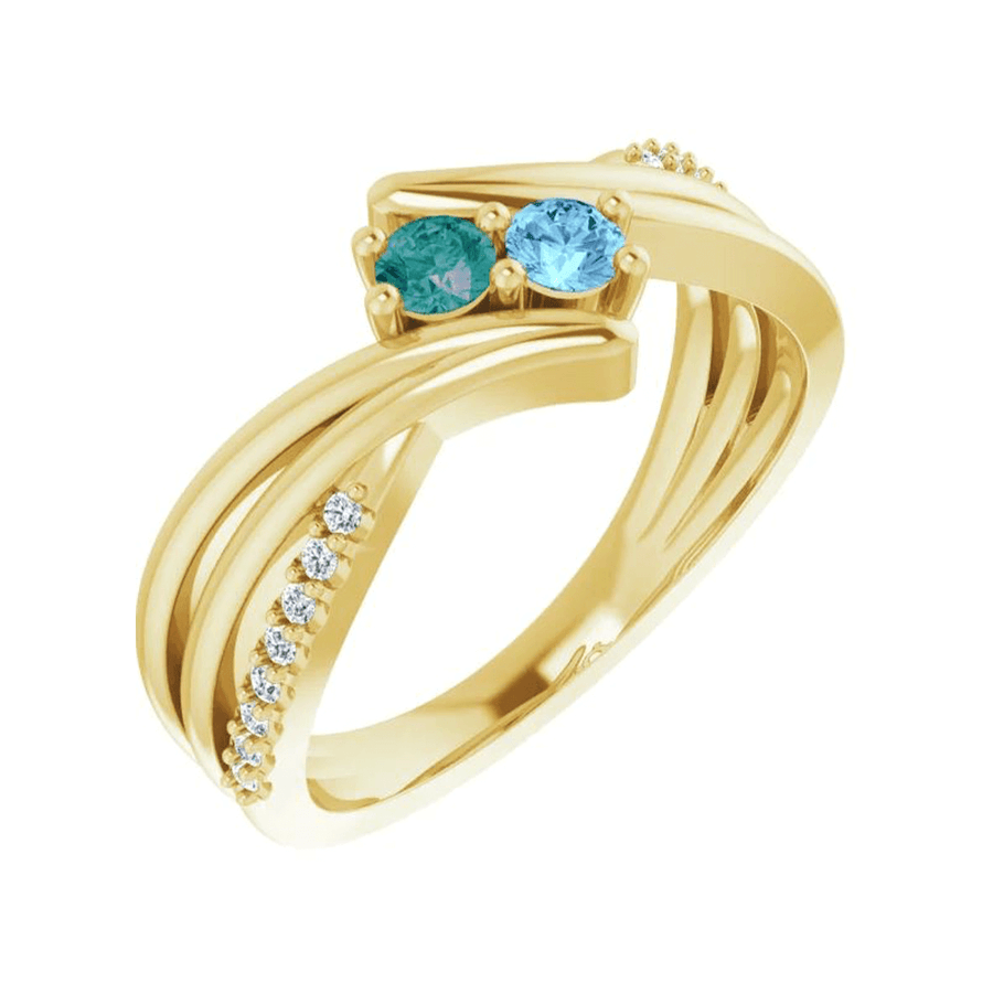 14k Mother's Ring with Two Round Birthstones & Diamonds