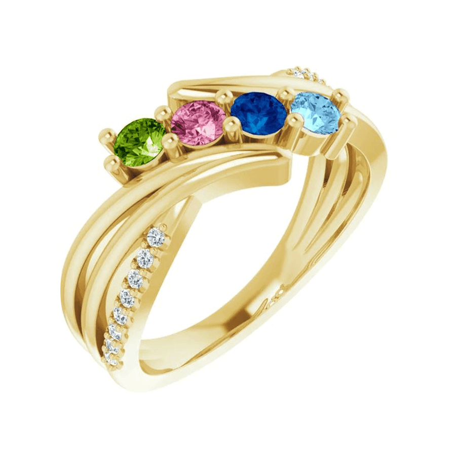 14k Mother's Ring with Four Round Cut Birthstones & Diamonds