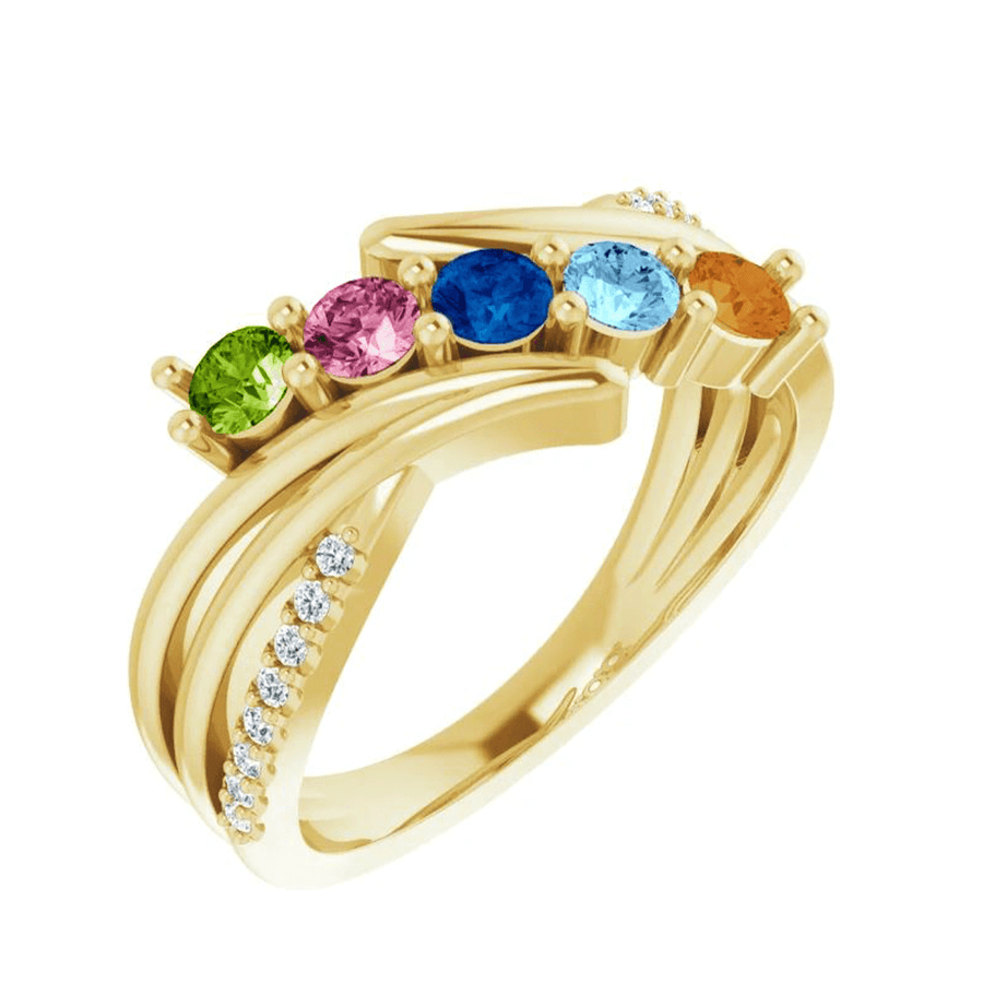 14k Mother's Ring with Five Round Cut Birthstones & Diamonds