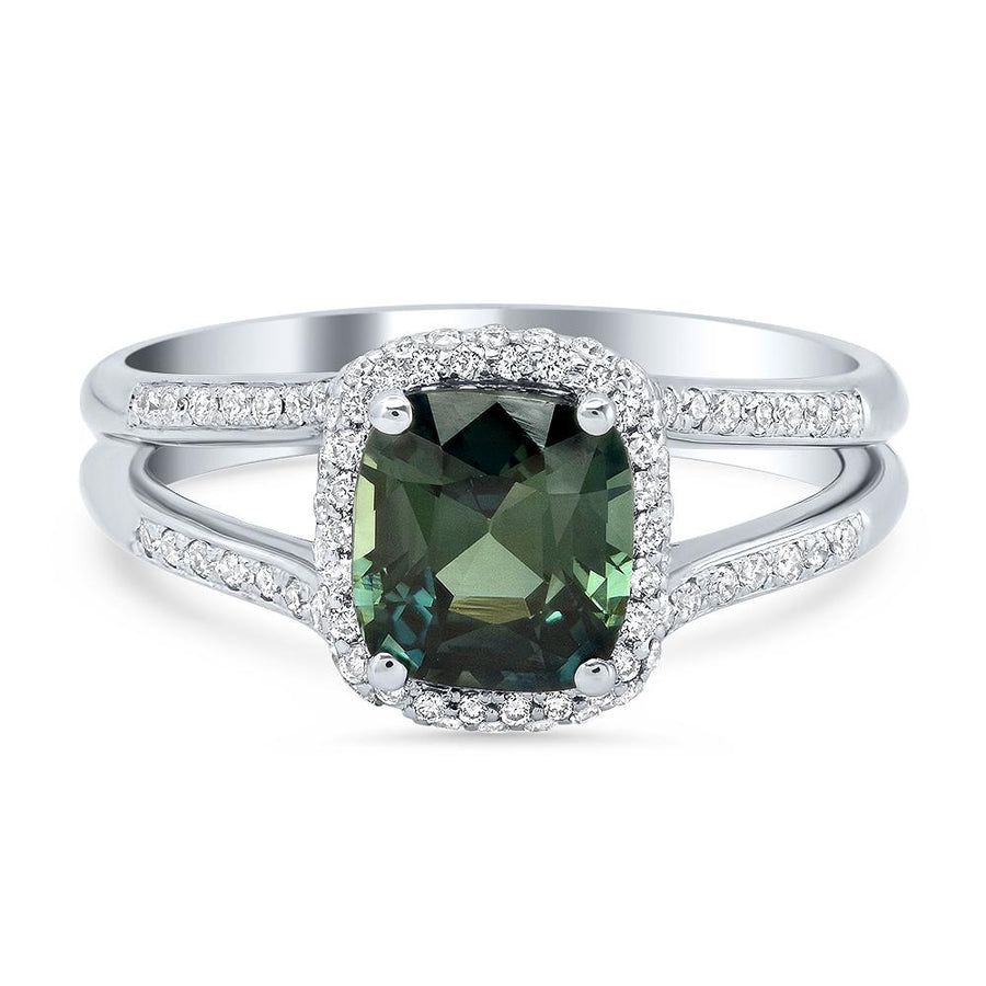 Green Sapphire Cushion Cut Diamond Halo Engagement Ring Ready-To-Ship deBebians 