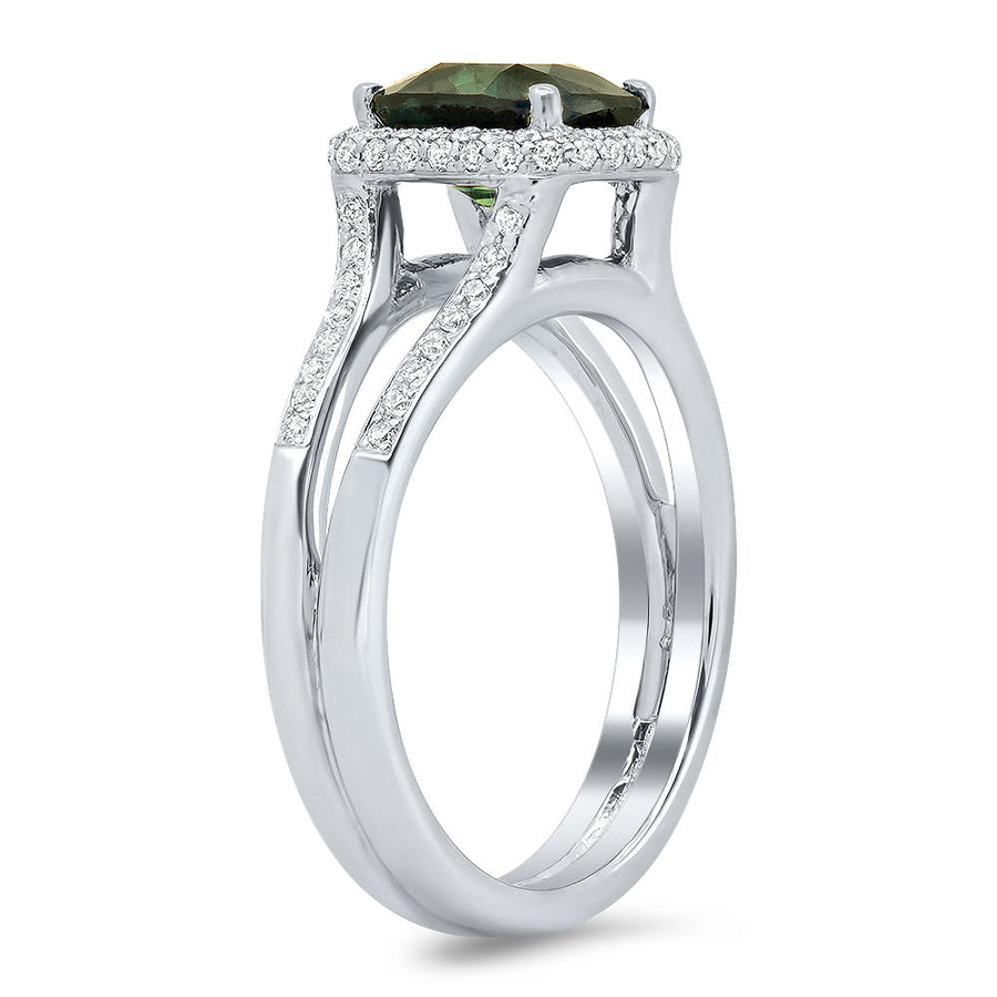 Green Sapphire Cushion Cut Diamond Halo Engagement Ring Ready-To-Ship deBebians 