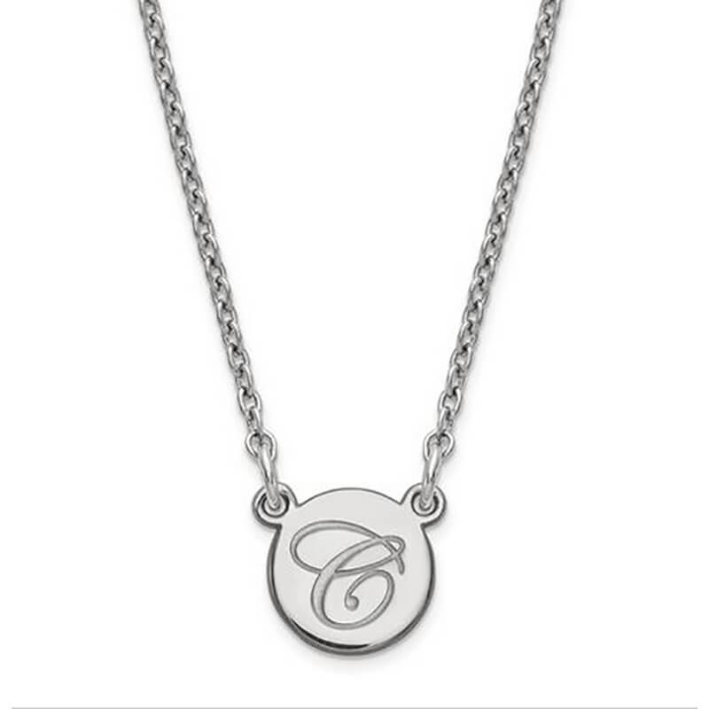 Sterling Silver Tiny Circle Script Initial Pendant Necklaces deBebians 