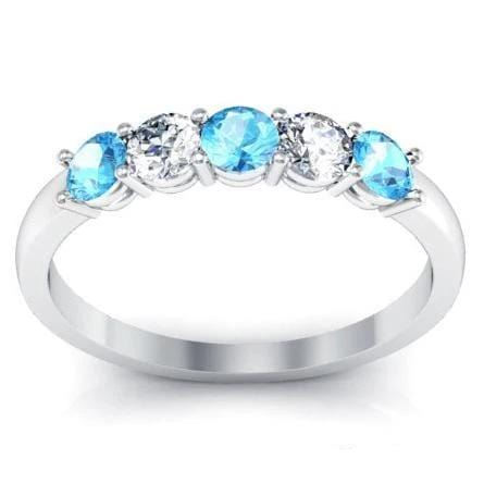 0.50cttw Shared Prong Aquamarine and Diamond Five Stone Ring Five Stone Rings deBebians 