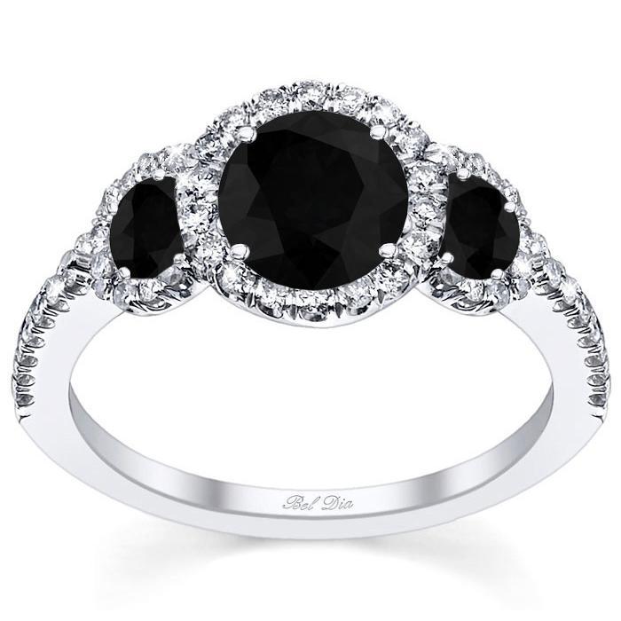 Black Diamond Three Stone Halo Engagement Ring Black Diamond Engagement Rings deBebians 