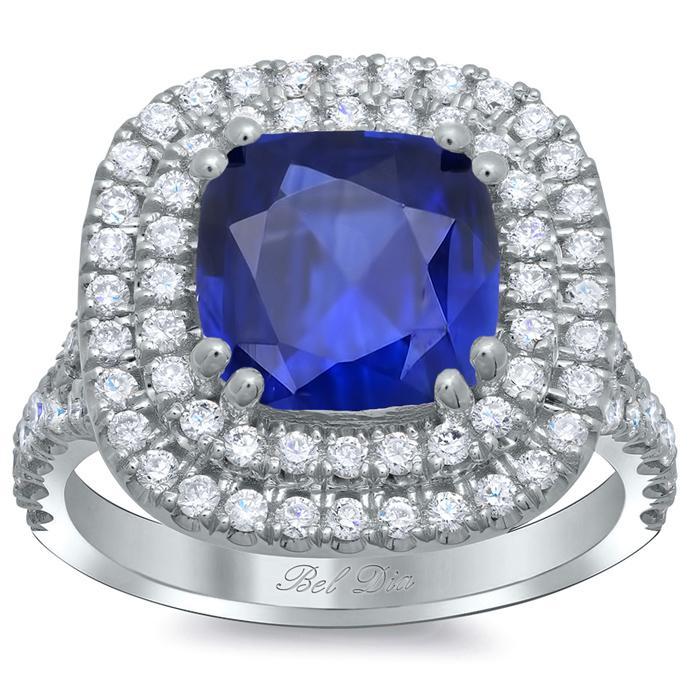 Blue Sapphire Cushion Double Halo Engagement Ring Sapphire Engagement Rings deBebians 