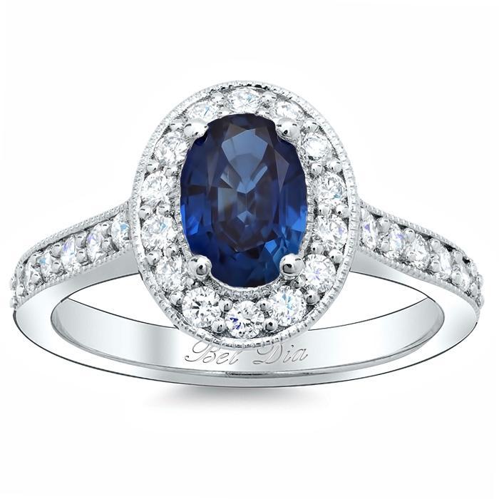 Blue Sapphire Oval Pave Halo Engagement Ring Sapphire Engagement Rings deBebians 