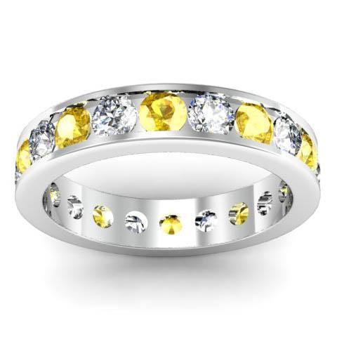 Channel Set Eternity Band with Round Diamonds and Yellow Sapphires Gemstone Eternity Rings deBebians 