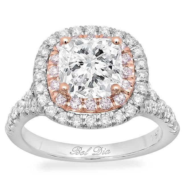 Pink Diamond Double Halo Cushion Engagement Ring with Split Band