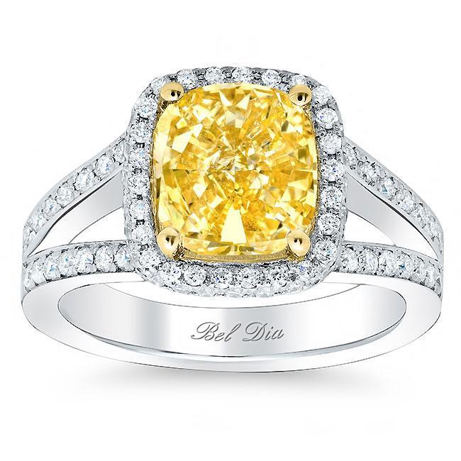 Cushion Yellow Diamond Split Shank Engagement Ring Yellow Diamond Engagement Rings deBebians 