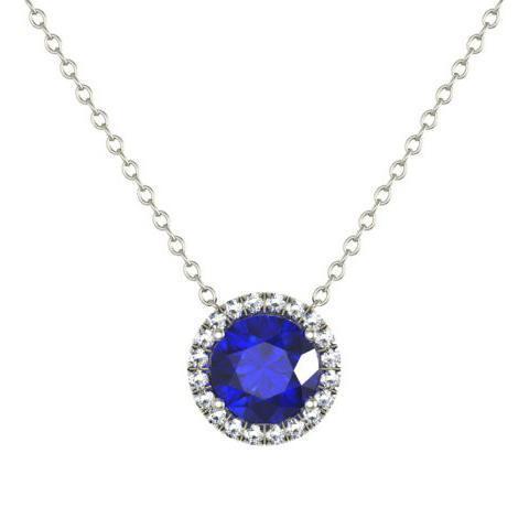 Diamond Halo Gold Pendant with Blue Sapphire Center Diamond Necklaces deBebians 
