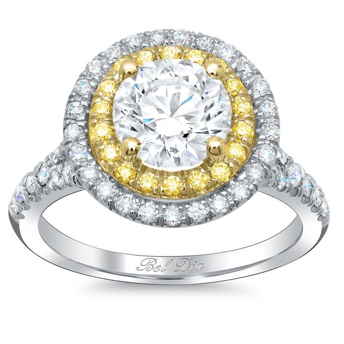 Double Halo Engagement Ring with Yellow Diamonds for Round Double Halo Engagement Rings deBebians 