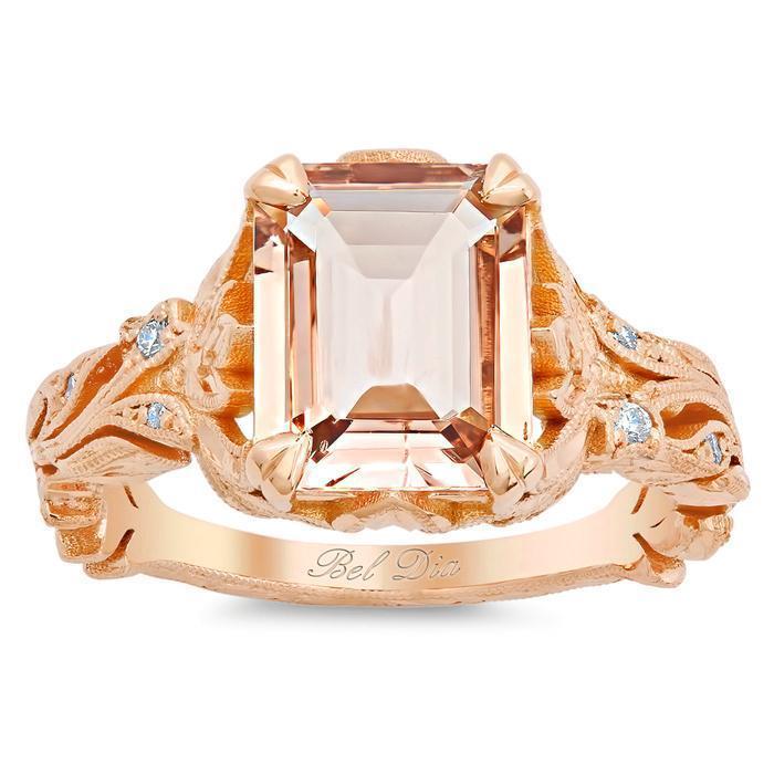 Emerald Cut Morganite & Diamond Leaf Ring 14kt Rose Gold Ready-To-Ship deBebians 