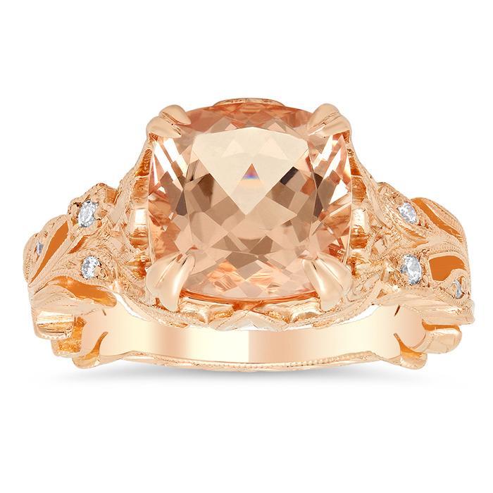 Emerald Cut Morganite Engagement Ring With Leaf Design – Debebians