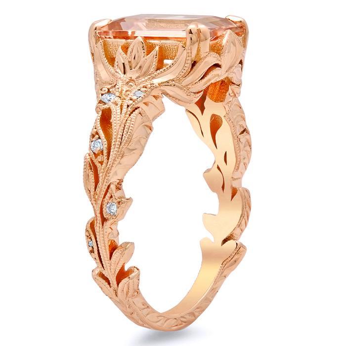 Emerald Cut Morganite Engagement Ring with Leaf Design Rose Gold & Morganite Engagement Rings deBebians 