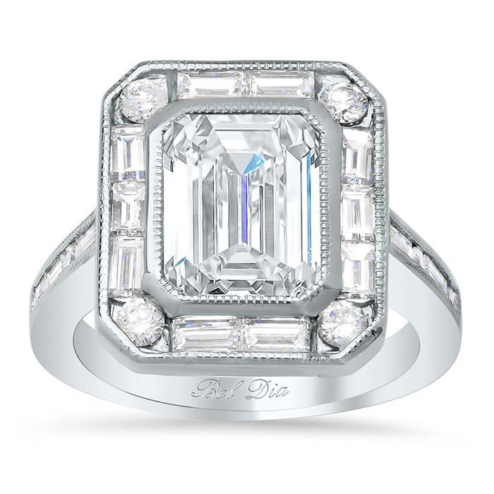 Emerald Halo Engagement Ring with Baguette and Round Diamond