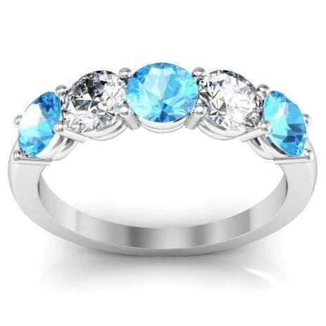 1.50cttw Shared Prong Five Stone Band with Aquamarine and Diamonds Five Stone Rings deBebians 