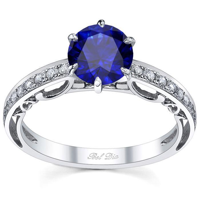 Floral Accented Pave Engagement Ring with Blue Sapphire Sapphire Engagement Rings deBebians 