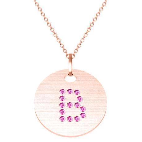 Gold Birthstone Initial Pendant Necklace Necklaces deBebians 14k Rose Gold Pink Sapphire Flush