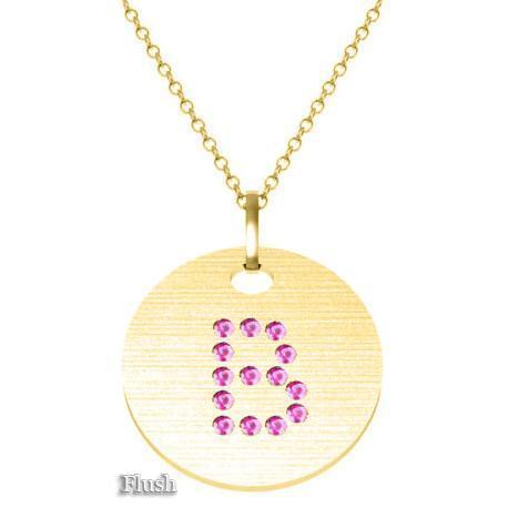 Gold Birthstone Initial Pendant Necklace Necklaces deBebians 14k Yellow Gold Pink Sapphire Flush