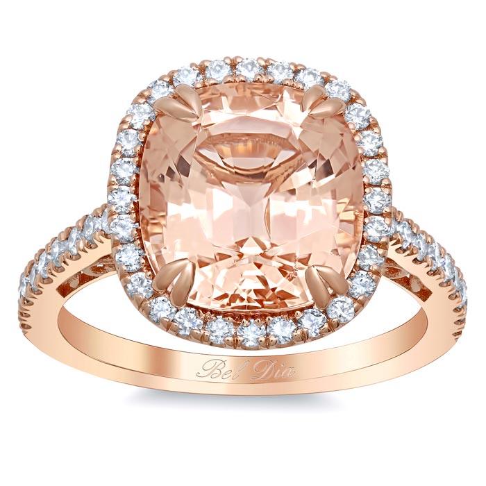 14k Rose Gold Morganite Flower Clover Diamond Halo Engagement