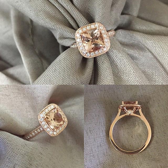 Halo Pave Engagement Ring with Morganite Rose Gold & Morganite Engagement Rings deBebians 
