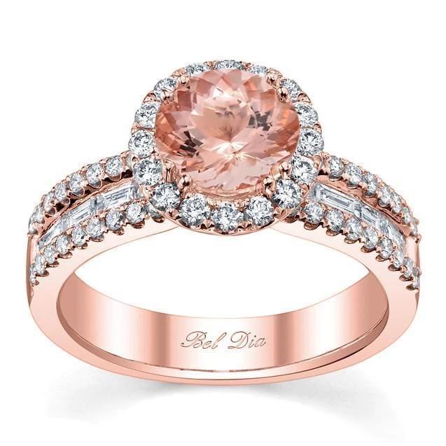 Halo Rose Gold Engagement Ring with Morganite and Baguettes Rose Gold & Morganite Engagement Rings deBebians 