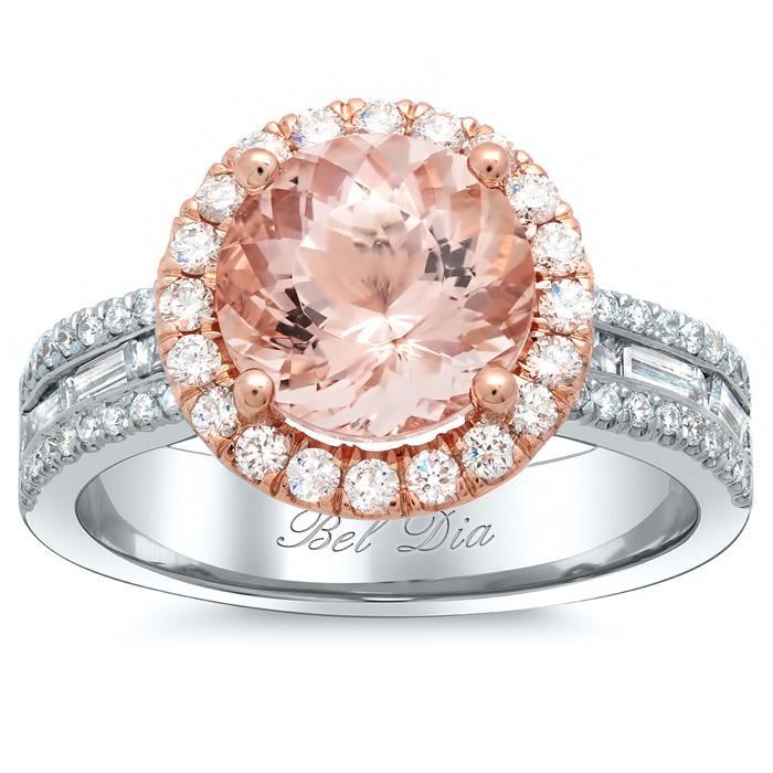 Halo Rose Gold Engagement Ring with Morganite and Baguettes Rose Gold & Morganite Engagement Rings deBebians 