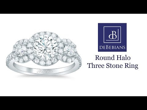 Round Halo Three Stone Engagement Ring