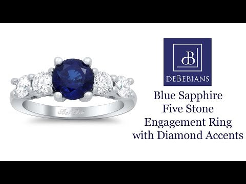 Blue Sapphire Five Stone Engagement Ring with Diamond Accents