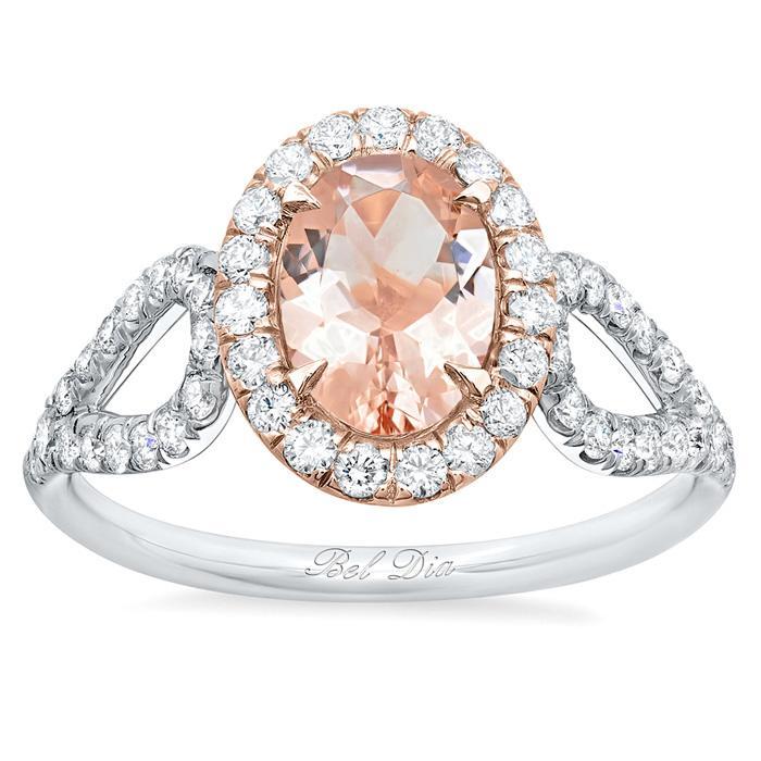 Morganite Looped Shank Oval Halo Engagement Ring Rose Gold & Morganite Engagement Rings deBebians 