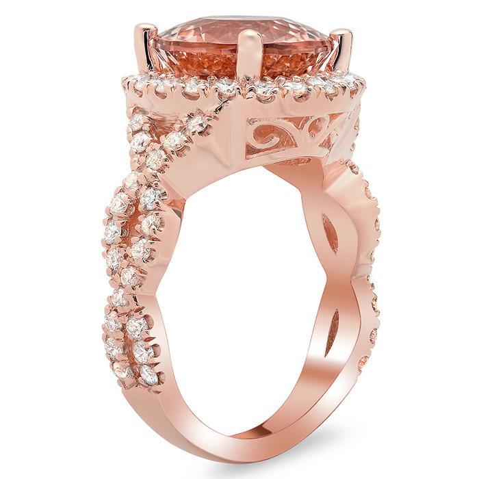 Morganite Rose Gold Halo Engagement Ring with Twisted Split Shank Rose Gold & Morganite Engagement Rings deBebians 