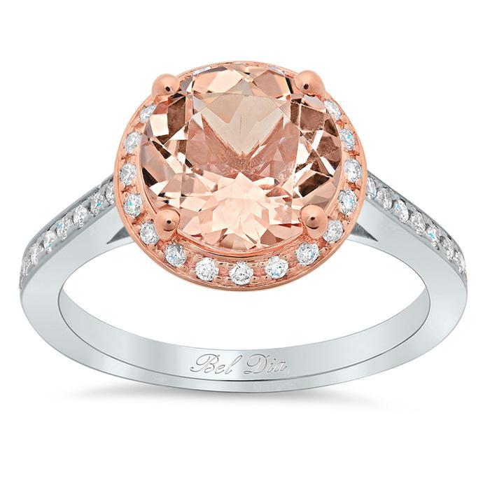 Morganite Round Engagement Ring with Halo Rose Gold & Morganite Engagement Rings deBebians 