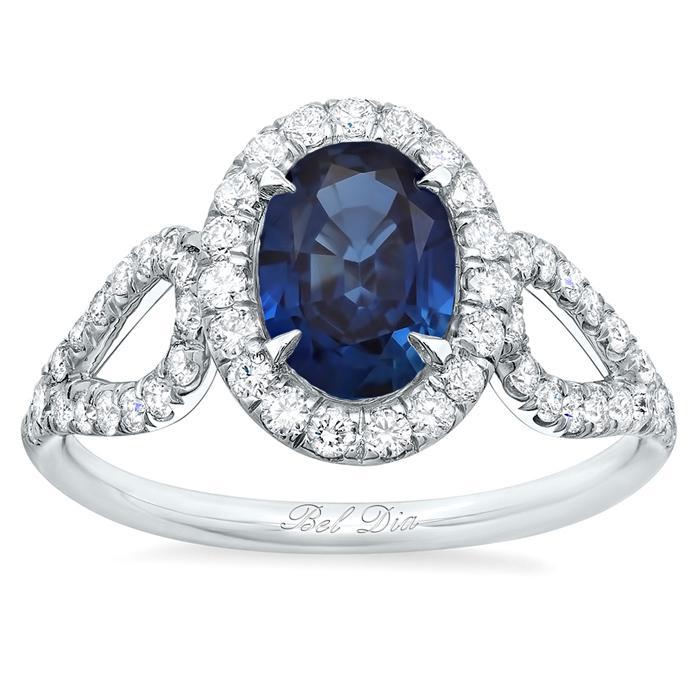 Oval Sapphire Halo Engagement Ring with Looped Shank Sapphire Engagement Rings deBebians 