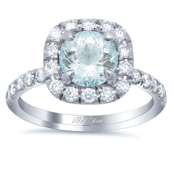 Pave Diamond Cushion Halo Engagement Ring for Round Aquamarine Aquamarine Engagement Rings deBebians 