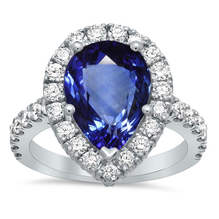 Pave Halo Engagement Ring with Pear Sapphire Sapphire Engagement Rings deBebians 