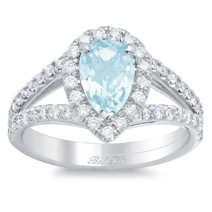 Pear Aquamarine Pave Diamond Split Shank Halo Engagement Ring Aquamarine Engagement Rings deBebians 