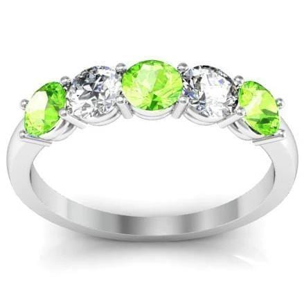 1.00cttw Shared Prong Peridot and Diamond Ring Five Stone Rings deBebians 