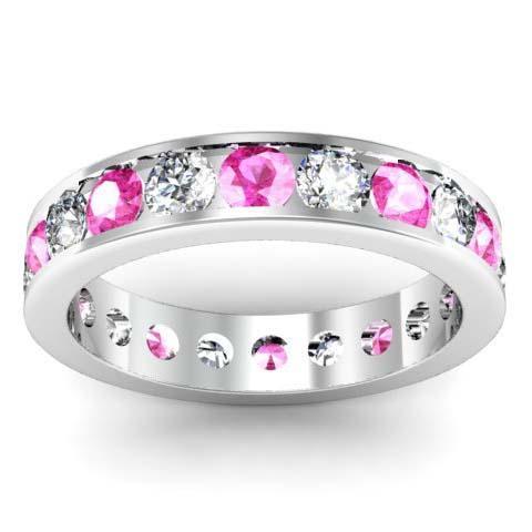 Pink Sapphire and Diamond Round Gemstone Eternity Ring in Channel Setting Gemstone Eternity Rings deBebians 