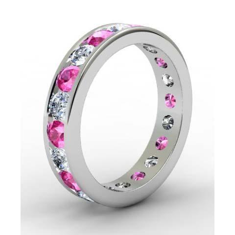 Pink Sapphire and Diamond Round Gemstone Eternity Ring in Channel Setting Gemstone Eternity Rings deBebians 
