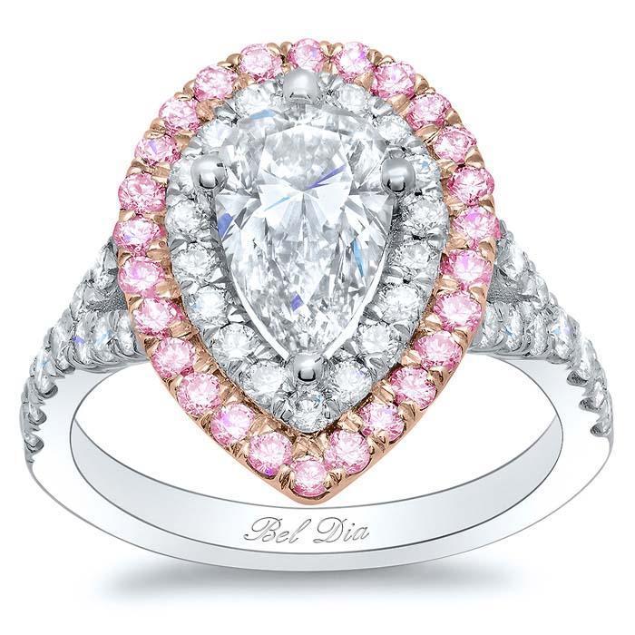 Pear Cut Soft Pink Sapphire Halo Engagement Ring 14K Rose Gold