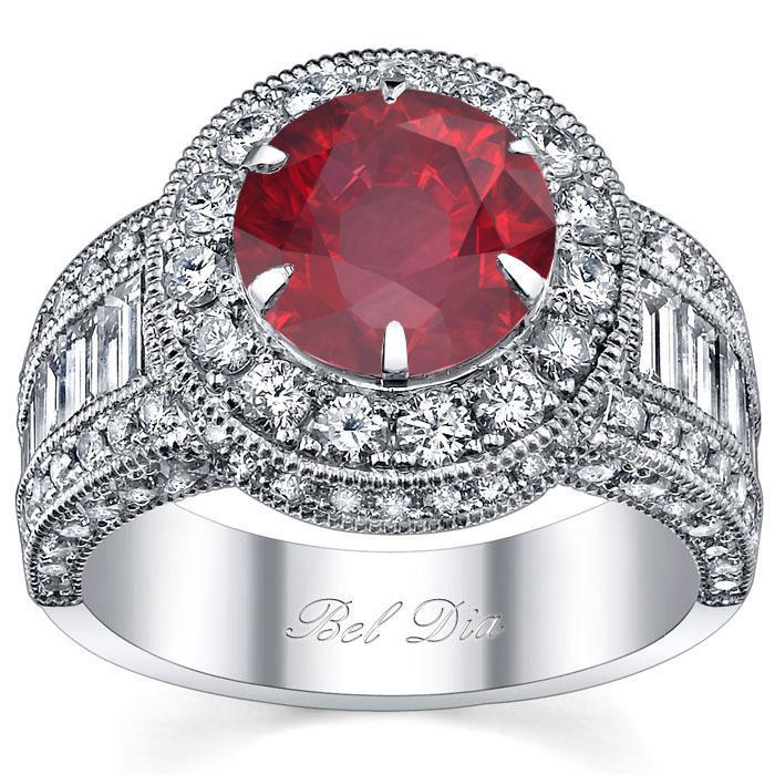 Ruby Round Halo Engagement Ring Ruby Engagement Rings deBebians 