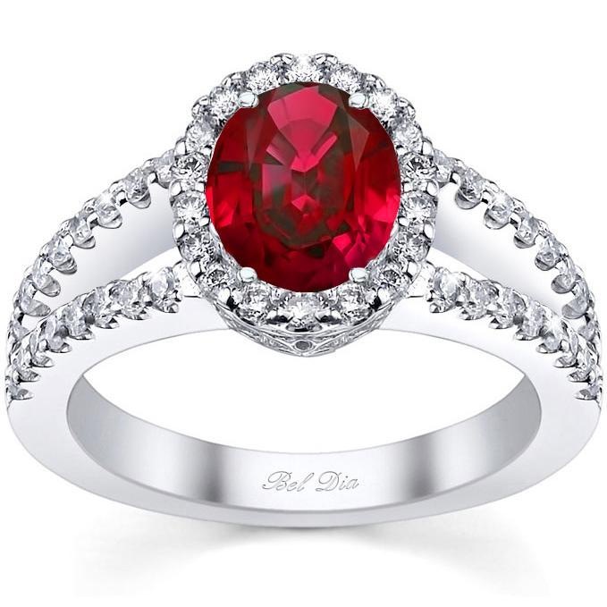 Split Shank Oval Ruby Halo Engagement Ring Ruby Engagement Rings deBebians 