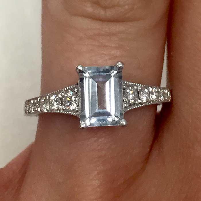 Tapered Diamond Engagement Ring with Emerald Cut Aquamarine Aquamarine Engagement Rings deBebians 