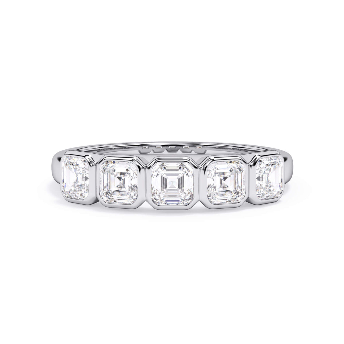 A picture of a five stone diamond wedding ring with asscher shape diamonds that are bezel set in white gold or platinum on a white background with the ring facing forward, lying down.