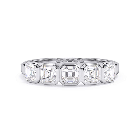 A picture of a five stone diamond wedding ring with asscher shape diamonds that are bezel set in white gold or platinum on a white background with the ring facing forward, lying down.