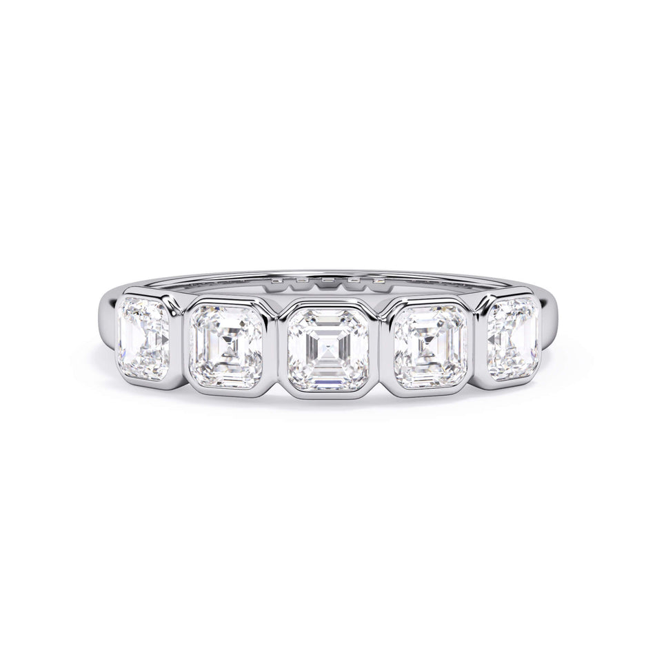 A picture of a five stone diamond wedding ring with asscher shape diamonds that are bezel set in white gold or platinum on a white background with the ring facing forward, lying down.