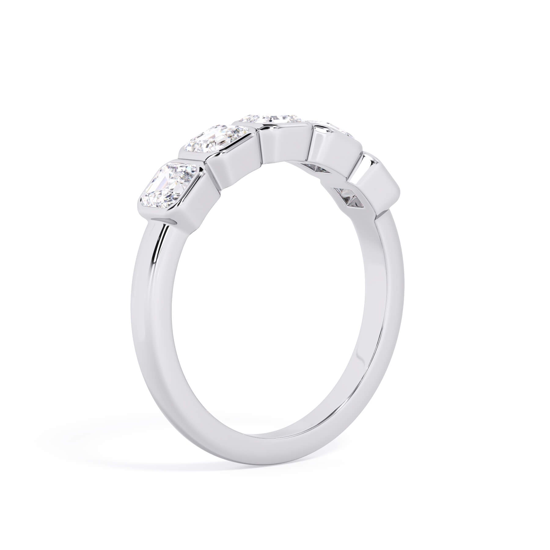 A picture of a five stone diamond wedding ring with asscher shape diamonds that are bezel set in white gold or platinum on a white background with a slightly angled, through the finger view.