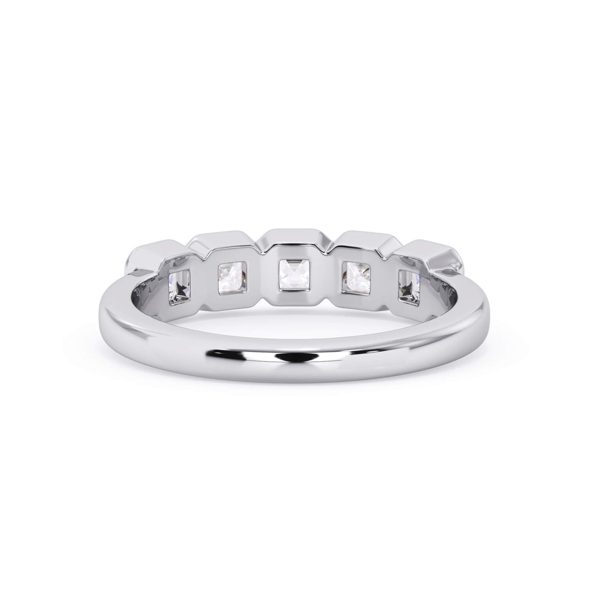A picture of a five stone diamond wedding ring with asscher shape diamonds that are bezel set in white gold or platinum on a white background with a view of the underside of the ring.