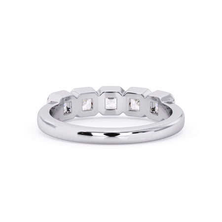A picture of a five stone diamond wedding ring with asscher shape diamonds that are bezel set in white gold or platinum on a white background with a view of the underside of the ring.